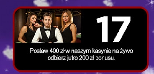 Tylko 17 grudnia grajac w gry na zywo za 400 pln otrzymasz bonus 200 pln w kasynie royal panda
